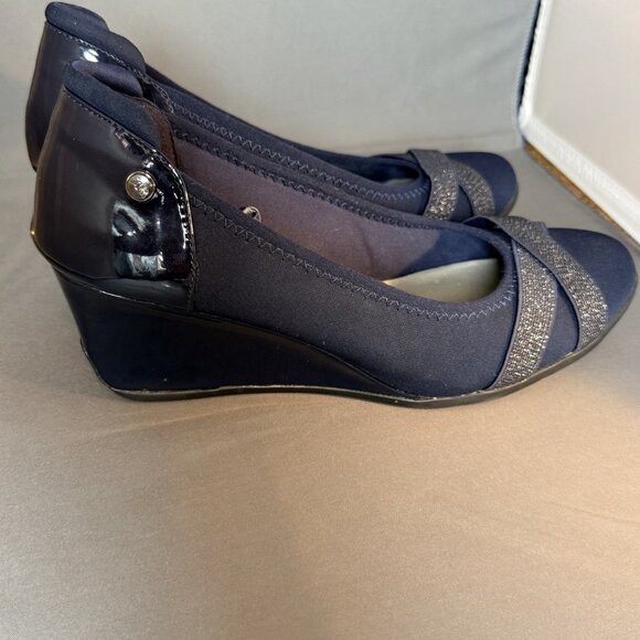 Anne Klein Shoes - Anne Klein Sport Blue Glittering Criss Cross Strap Accent Slip On Wedges 8.5